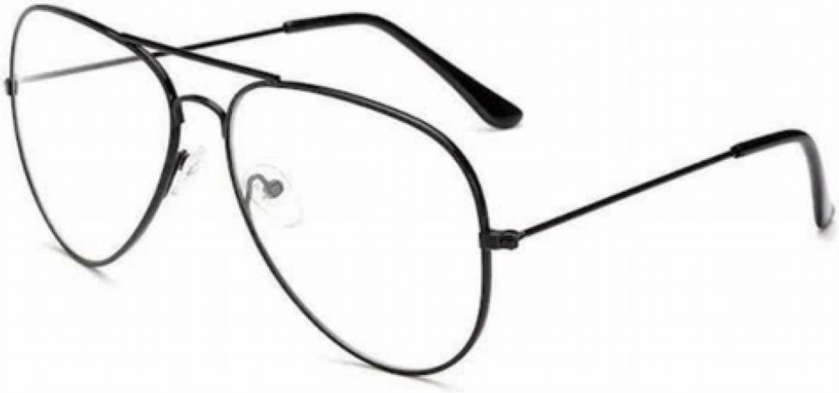 Bril zonder sterkte zwart JY&K | met fluwelen hoesje | Piloten bril | aviator | nerdbril | glazen | groot montuur - JY&K