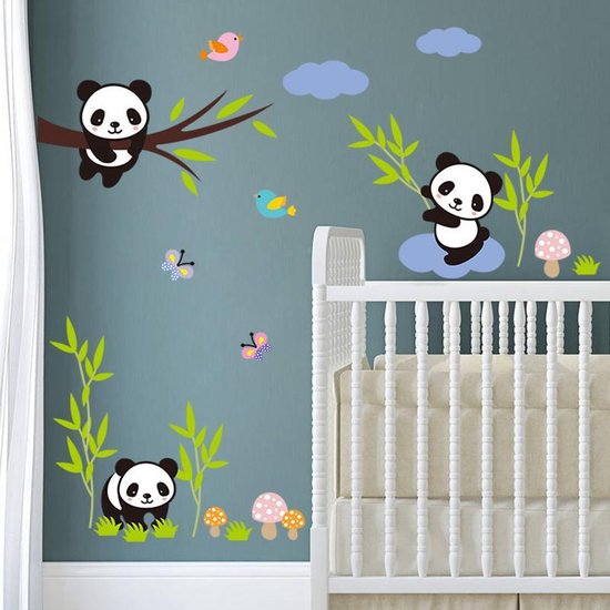 Muursticker Dieren - Panda's en bamboe - 30x90 cm