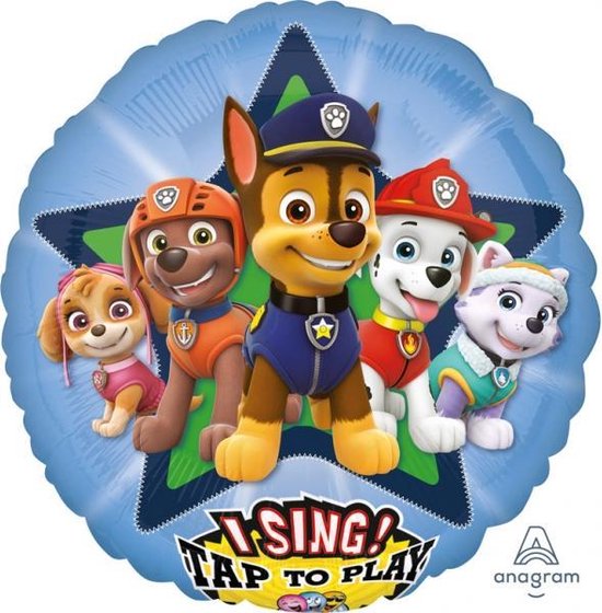 Blauwe folieballon met de PAW Patrol honden Chase, Marshall, Skye, Rubble en Everest op een blauwe ster. Tekst: "I SING! TAP TO PLAY".