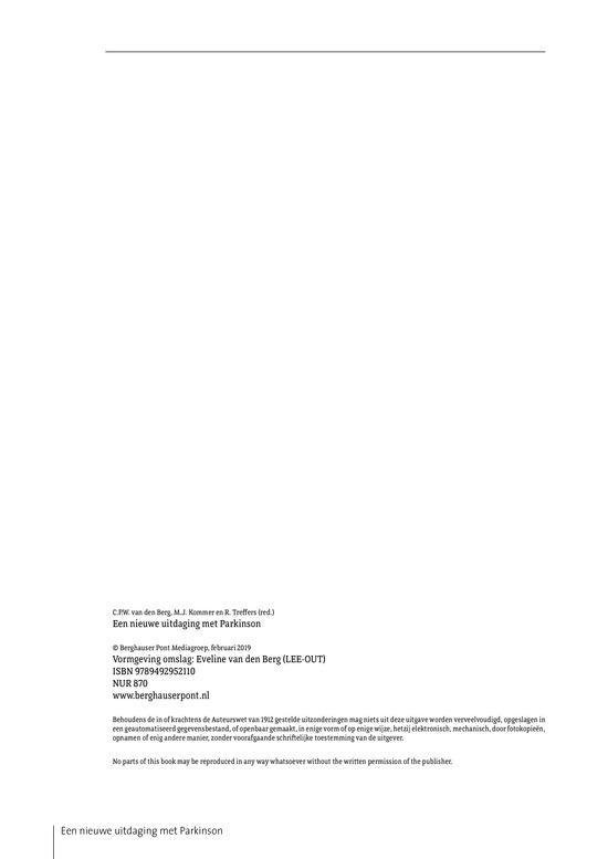 Pagina met auteursinformatie en ISBN-nummer. Onderaan staat de titel "Een nieuwe uitdaging met Parkinson".