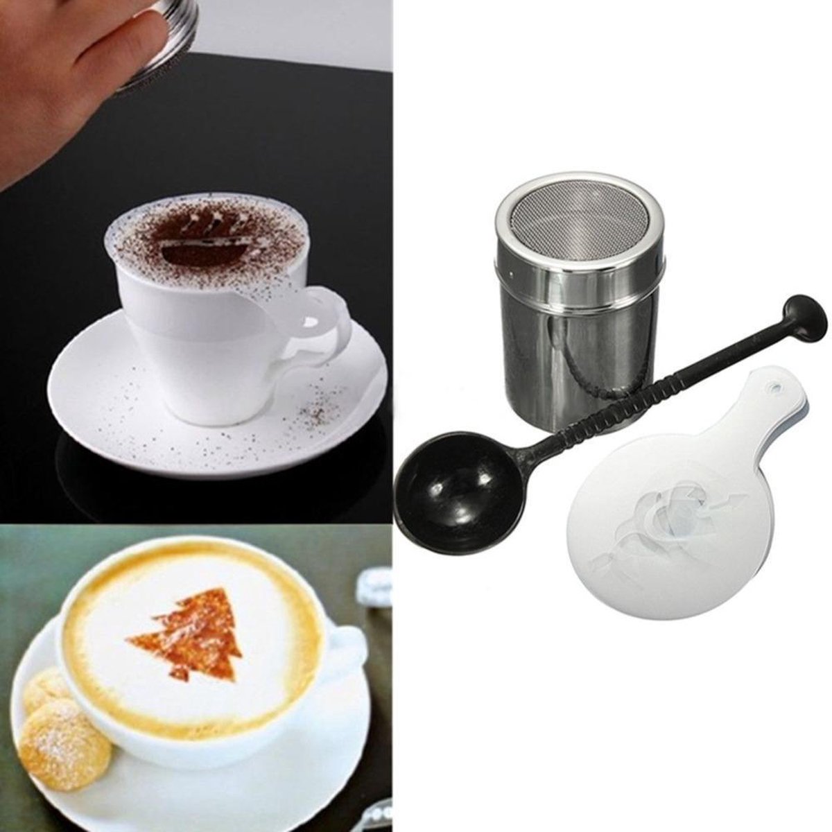 Poedersuiker-strooier met verse cacaostrooier voor cappuccino, roestvrij staal, shaker, afdekking, stofsuiker, strooier, meelstrooier, zoutvaatje, koffie, suiker, zout, cacao, meel, chocolade