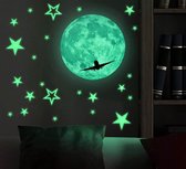 XL Glow in the dark Maan muursticker met vliegtuig lichtgevende sticker kinderkamer versiering