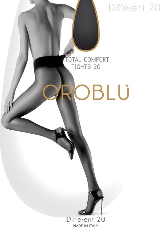 Model met zwarte Oroblu panty 'Different 20', met naad aan de achterkant. Tekst: 'TOTAL COMFORT TIGHTS 20'.