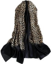 Zwarte beige camel luipaard print sjaal in zijde zachte chique glanzende stof - 85 x 180 cm