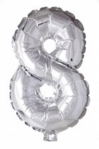 Folie Ballon Cijfer 8 Zilver 41cm met rietje