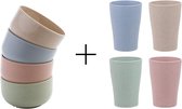 Tarwe Vezel Serveerkom - Bowl - Ø11.5 cm - 450 ml - Set Van 4 - Eco Vriendelijk + Tarwe Vezel Beker - 250 ml - Cups