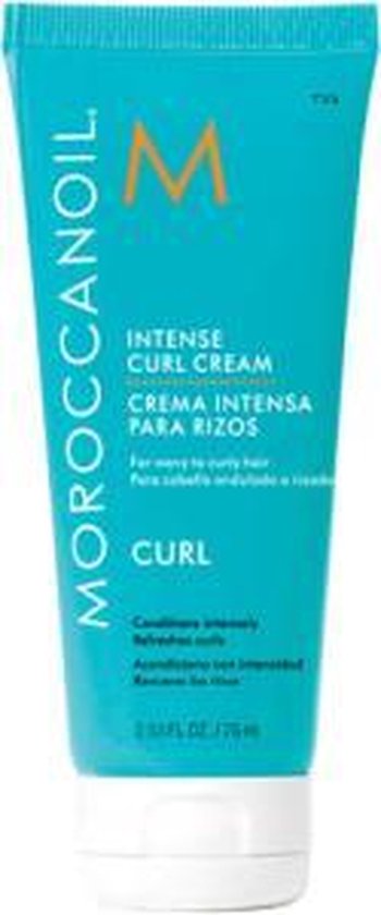 Turquoise Moroccanoil tube met 'M' logo en tekst 'INTENSE CURL CREAM'. Conditioneert, verfrist krullen. 75ml.