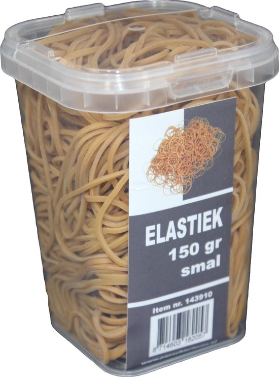 150 gram - Elastiek smal - naturel - 57 x 1.5 en 25 x 1,5 mm  - in plastic pot - PasschierTerpo