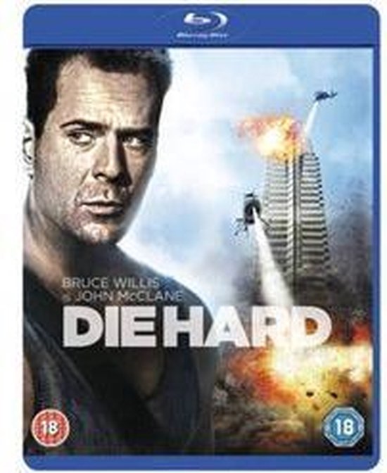 Blu-ray hoes van Die Hard met Bruce Willis als John McClane, met een explosie en helikopters bij een gebouw.
