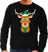 Foute kersttrui / sweater met Rudolf het rendier met groene kerstmuts zwart voor heren - Kersttruien S (48)