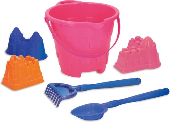 Strand/zandbak speelgoed roze emmer met vormpjes en schepjes - Zandbakspeeltjes - Strandspeelgoed