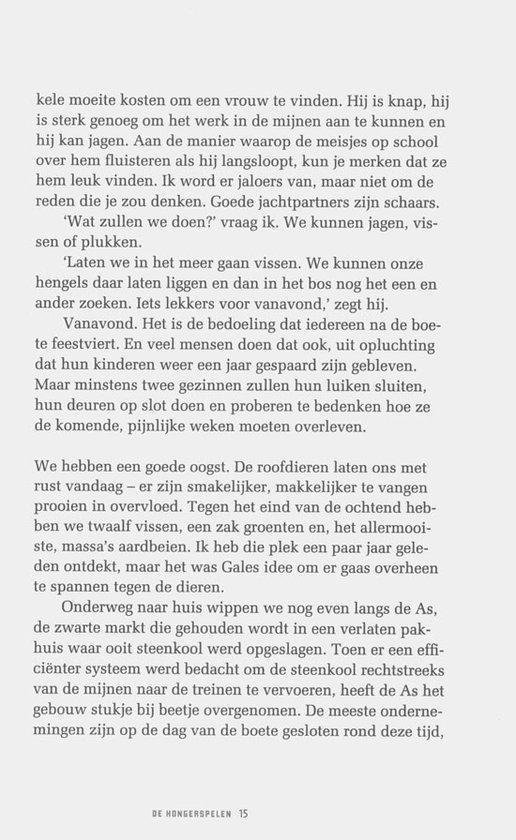 Tekstpagina met dialoog uit De Hongerspelen. Geen afbeeldingen.