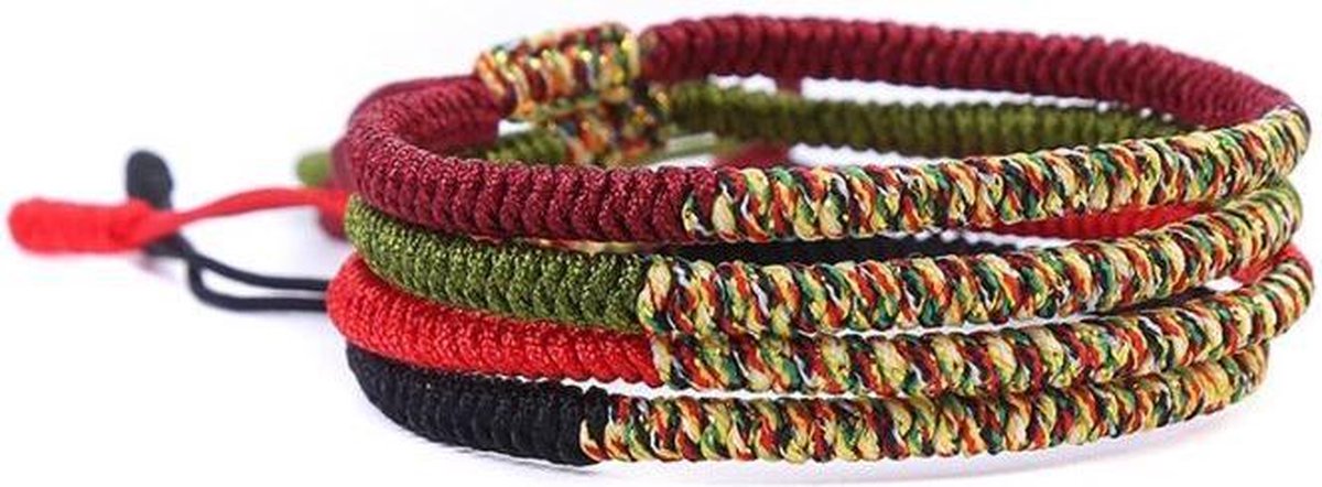 Premium handgeknoopte Tibetaanse armband - Set van 4 - Bordeaux Rood Groen Zwart Multi