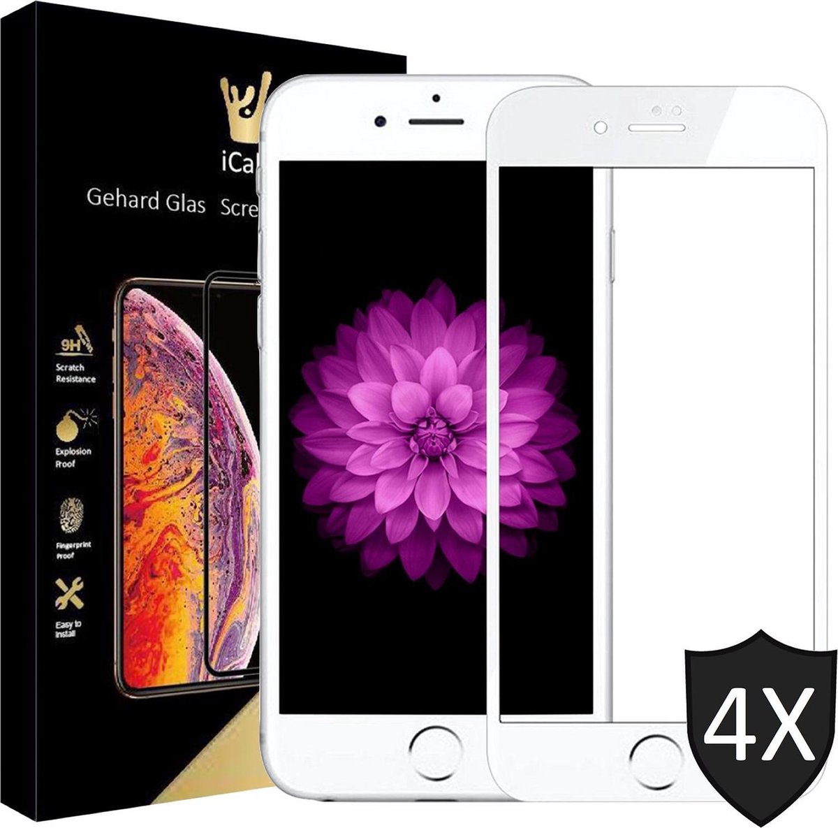 Screenprotector geschikt voor iPhone SE 2022 / 2020 / 8 / 7 - 4x FullGuard Screen Protector Wit