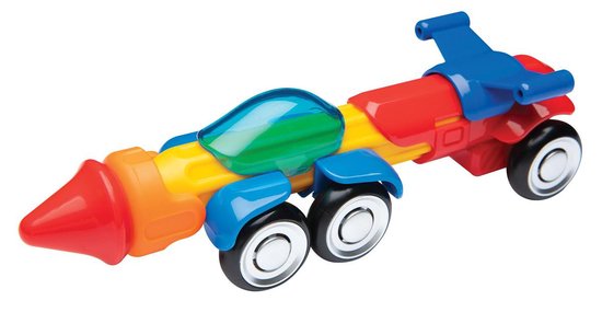 Blauw, rood en geel raket-auto speelgoed met transparant cockpit en wielen.