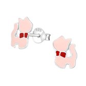 Joy|S - Zilveren kat poes oorbellen roze 7 x 10 mm