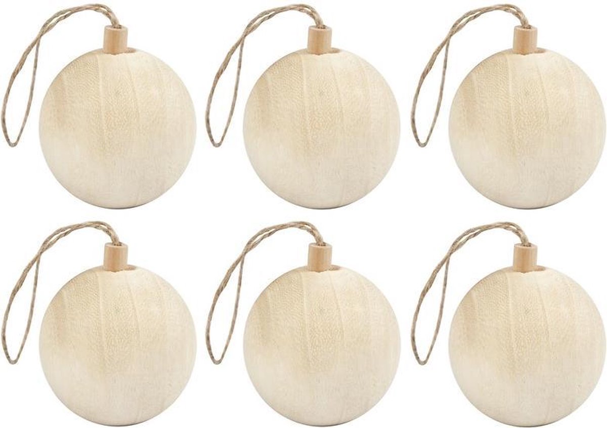 6x Houten kerstballen van licht hout Keizerin boom 6,4 cm