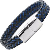 Gevlochten Heren Armband – 100% Echt Leder & Edelstaal – Magneetsluiting – 22 cm – Zwart Met Blauw - Rhylane®