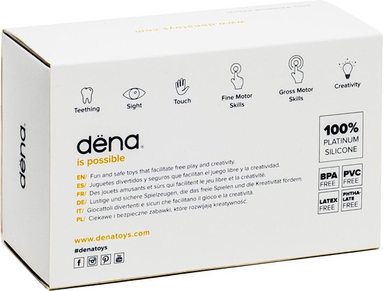 Doos met Dena speelgoed, 100% platinum silicone, BPA-, PVC-, Latex- en ftalaatvrij.