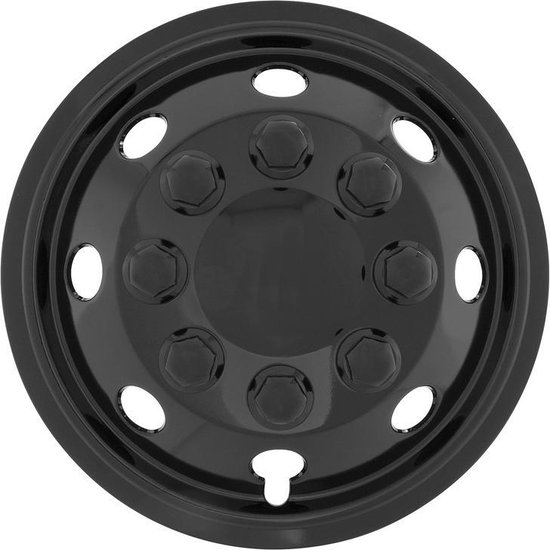 Zwarte wieldop met een diameter van 16 inch, met 8 ovale openingen en 8 zeskantige doppen in het midden.