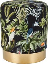 Poef jungle met vogels - Ø35X42 - wonen - accessoires -poef - goud - vogels - multi-kleur