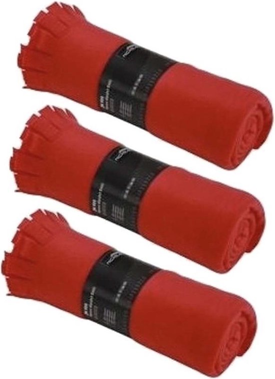 3x Fleece deken/plaid met franjes rood 130 x 170 cm - Woondekens - Fleecedekens