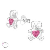 Joy|S - Zilveren beer met Swarovski oorbellen roze hartje