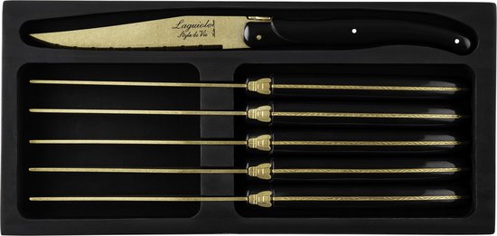 Set van 6 Laguiole Style de Vie steakmessen in zwart met gouden klingen, gepresenteerd in een zwarte doos.