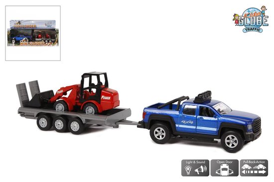 Een blauwe pick-uptruck met een grijze aanhanger met rode minishovel, met iconen voor licht, geluid en openslaande deuren.