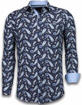Italiaanse Overhemden - Slim Fit Overhemd - Blouse Flower Pattern - Blauw