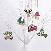 Houten kerst ornamenten met auto's, denneboom, huisje - Kerstboom versiering