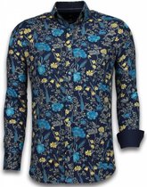 Italiaanse Overhemden - Slim Fit Overhemd - Blouse Coloured Flower Pattern - Blauw