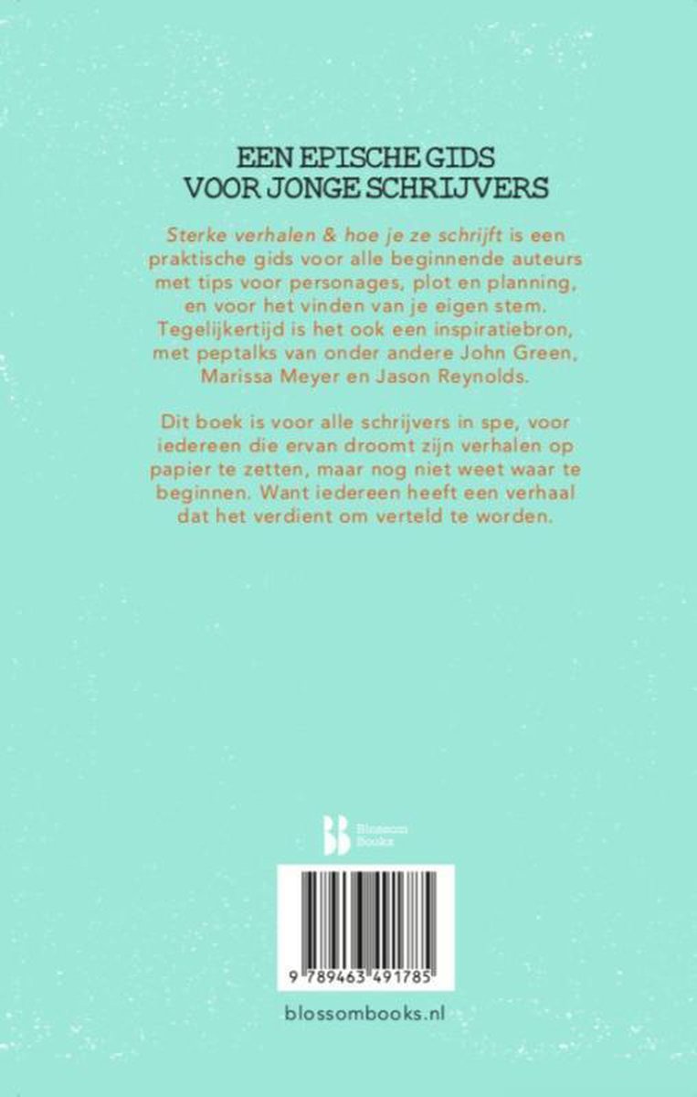 Achterkant boek met titel 'Sterke verhalen & hoe je ze schrijft'. Een epische gids voor jonge schrijvers.
