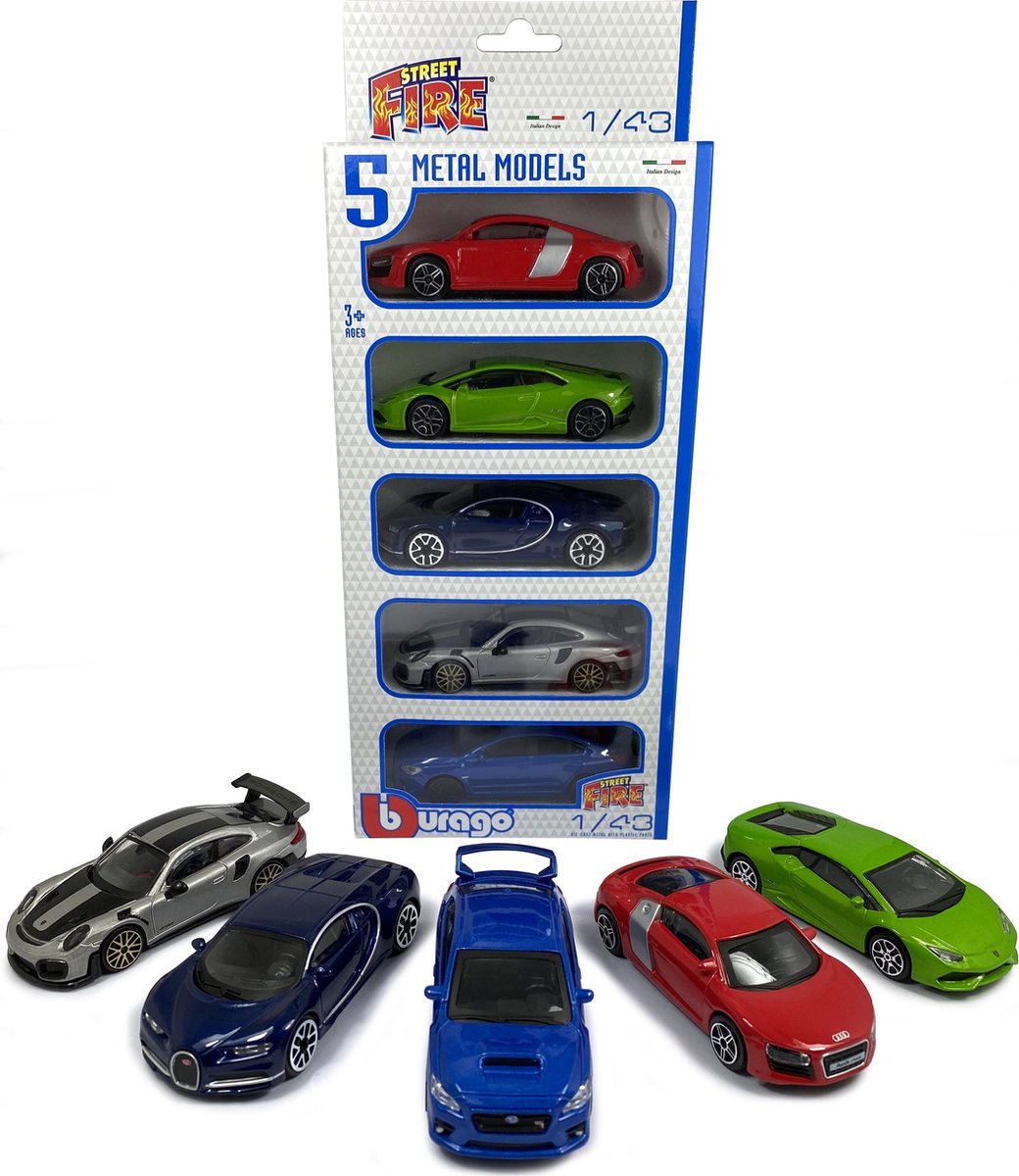 Bburago Porsche 911, Bugatti Chiron, Subaru Wrx Sti, Audi R8, Lamborghini Huracan - set van 5 modelauto's 1:43 - Bburago