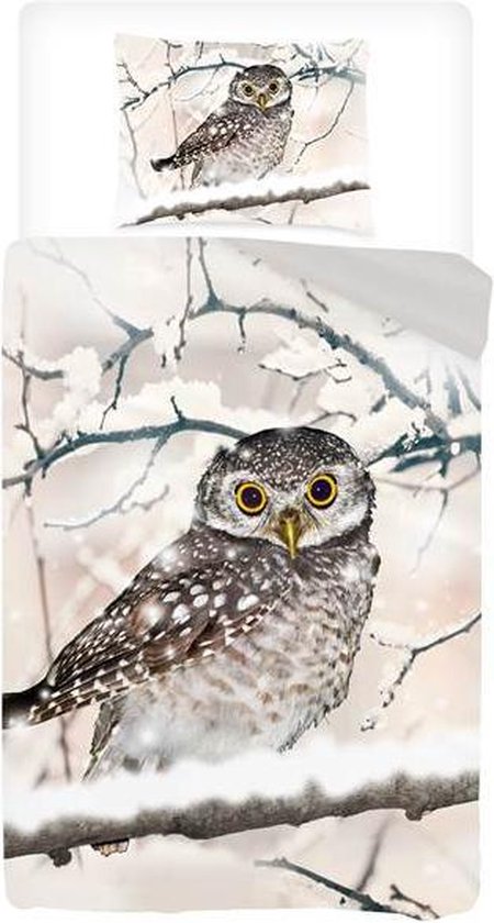 Snoozing Snowy Owl - Flanel - Dekbedovertrek - + 60x70 - Sand