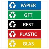 Afval stickers met afbeelding - 5 verschillende soorten - Papier – Plastic – Glas – GFT – Rest - Container stickers - Recycle - Pictogrammen - Kliko - Prullenbak
