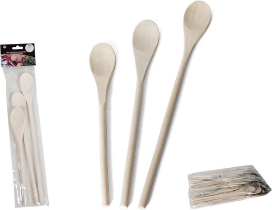 Drie houten lepels, individueel en in verpakking, met kleine en grote varianten.