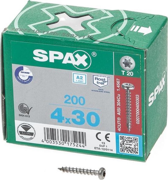 Spax Spaanplaatschroef cilinderkop RVS T-Star T20 4.0x30mm (per 200 stuks) - Spax