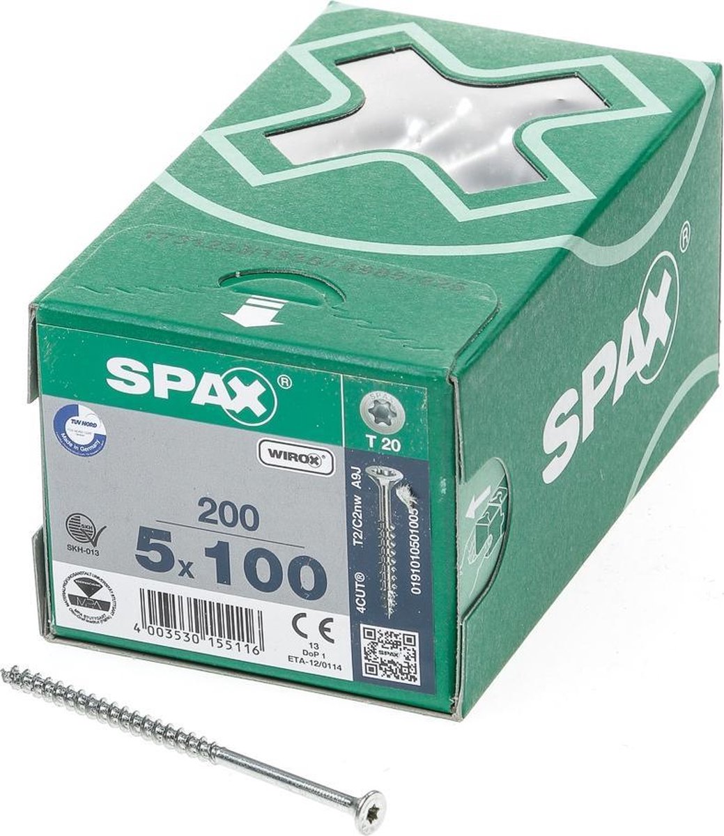 SPAX 191010501005 Universele schroef, Verzonken kop, 5 x 100, Deeldraad, T-STAR plus TX20 - WIROX - 200 stuks - Spax