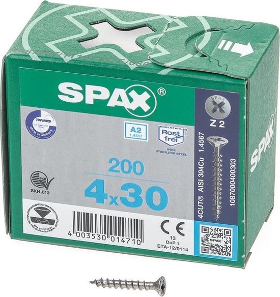 Spax Spaanplaatschroef RVS PK 4.0 x 30 (200) - 200 stuks - Spax