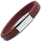 Gevlochten Heren Armband – 100% Echt Leder & Edelstaal – Magneetsluiting – 22 cm – Rood & Zilverkleurig - Rhylane®