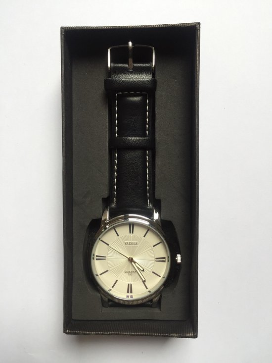 Yazole Luxe Heren horloge - DaVinciWatches - Zwart Lederen Band - Zilverkleurige Kast - Witkleurige Wijzerplaat – Type D - Geleverd met Stijlvolle Horlogebox- Luxe Geschenkverpakking – Cadeautip !
