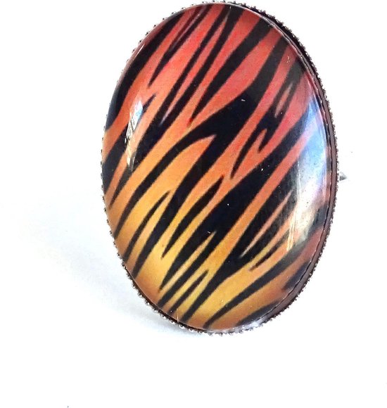 2 Love it Animal print Tiger - Ring - Taille ajustable - Groot - 18MM x 25MM - Imprimé animal - Marron - Zwart - Argent