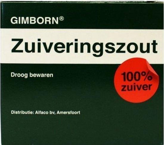 Gimborn Zuiveringszout, met tekst 'Droog bewaren' en rode cirkel '100% zuiver'.