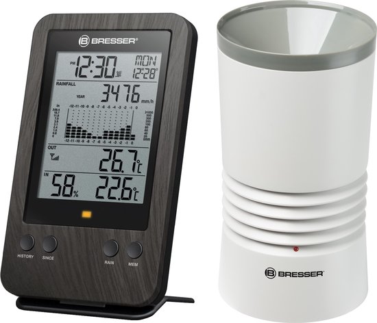 Foto: Bresser professionele regenmeter incl temperatuur en luchtvochtigheidsmeter houtlook