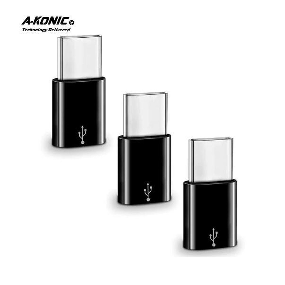 A-Konic ©- Set van 3 verloop adapter MICRO USB-adapter naar USB-C | Opzetstuk | Micro-USB to USB C Converter | Zwart - A-Konic