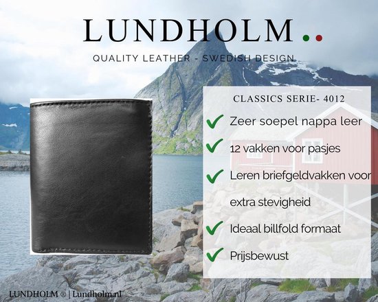Lundholm leren portemonnee heren zeer soepel nappa leer - staand model zwart - Lundholm