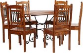 Complete Eettafel set 7 delig Massief Acacia hout (Incl Houten Dienblad) - Eet tafel + 6 Eetstoelen + bankje - DIneertafel - Eettafelstoelen - Eetkamerstoelen - Eethoek 6 persoons