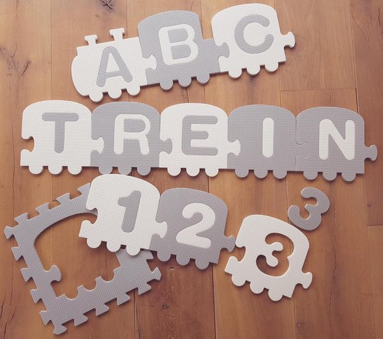 ABC / 123 / Trein Foam Puzzel Speelmat - 36 Speelmatten - 122 Delig - Uitneembare Figuren - Opbergtas - Afwerkranden - Grijs - Beige - Puzzelmat 180x180x1cm van ABC — afbeelding 3