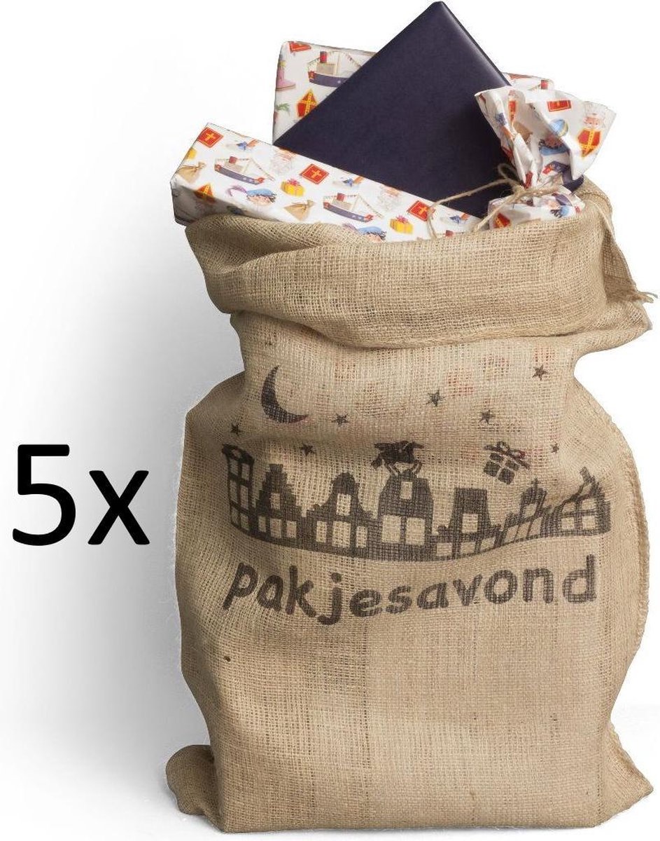 5x Jute Sinterklaas Zak pakjesavond opdruk 60 x 110 cm